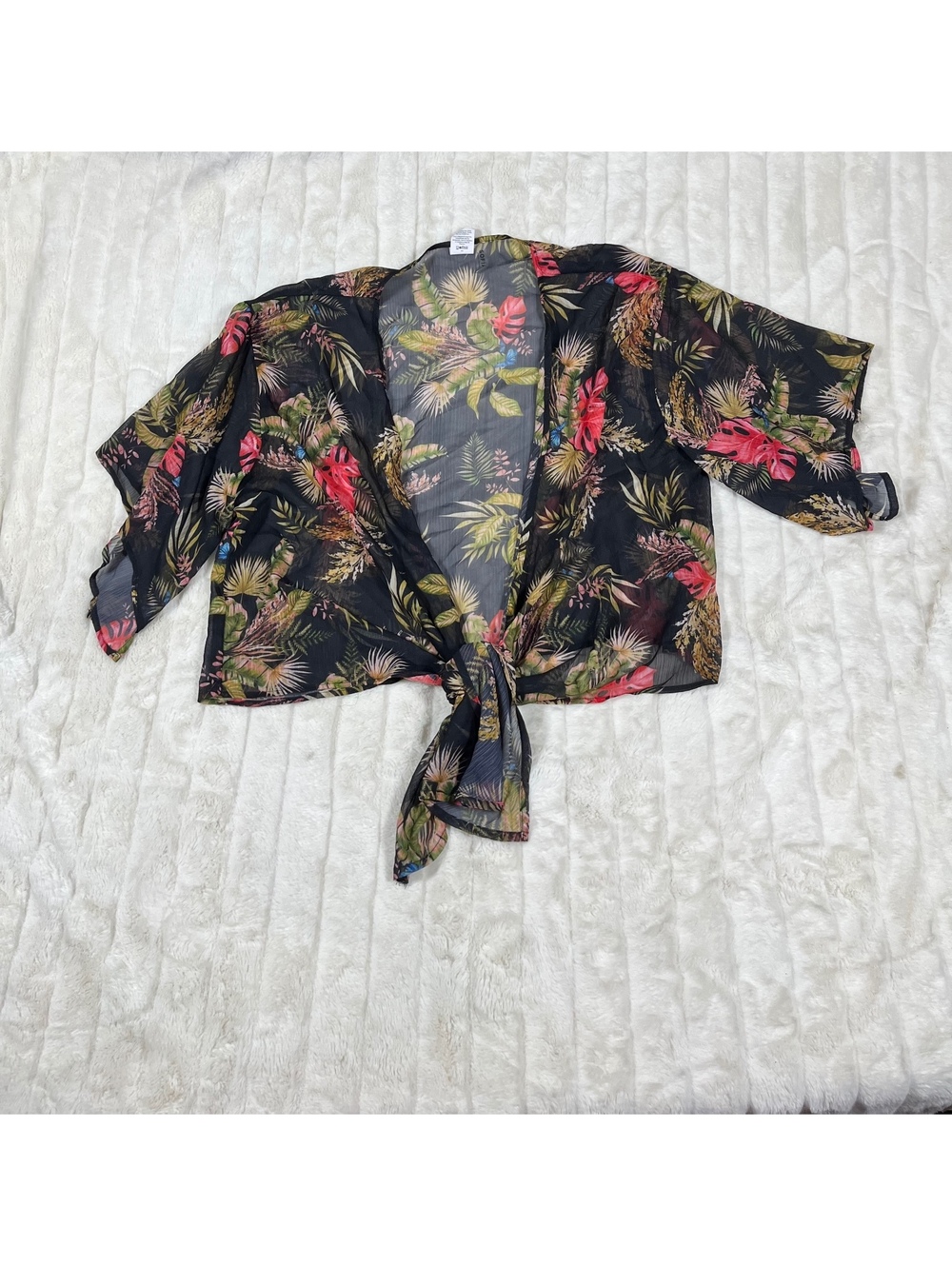 Tropical Sheer Sexy Swimwear Tie Front Cruise Beach Crop Kimono CoverUp